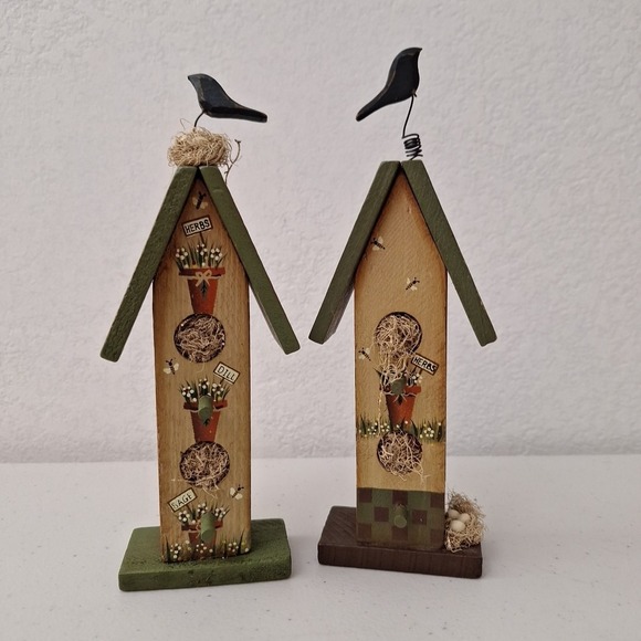 (2) Vtg Handpainted Decorative Birdhouse Design Birds Nest Bees Herbs‎ 8" tall - Picture 2 of 13